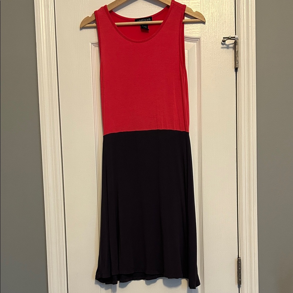 🩷Artisan Red and Black sleeves Midi Dress tshirt material A line